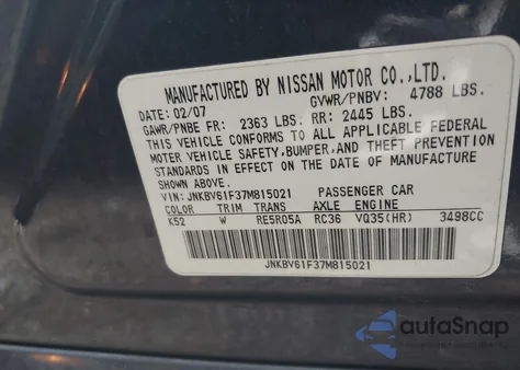 2007 Infiniti G35 z USA, uszkodzony, nr VIN JNKBV61F37M815021